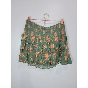 Aerie Smocked Tiered Floral Mini Skirt Green Orange Womens L